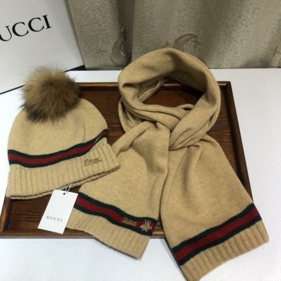 Fake Gucci Classic Cashmere Jacquard Scarf & Hat Brown Replica