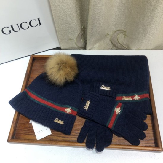 Replica Gucci Classic Cashmere Jacquard Scarf & Hat Dark Blue