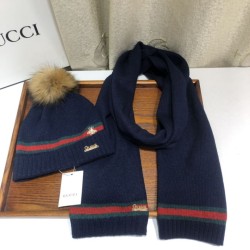 Replica Gucci Classic Cashmere Jacquard Scarf & Hat Dark Blue