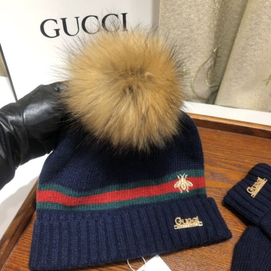 Replica Gucci Classic Cashmere Jacquard Scarf & Hat Dark Blue