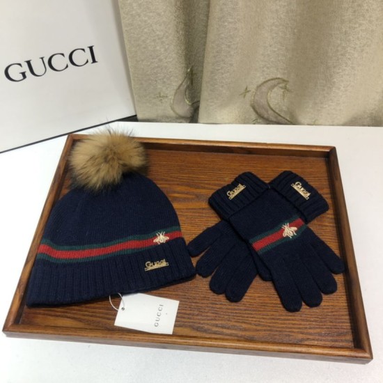 Replica Gucci Classic Cashmere Jacquard Scarf & Hat Dark Blue