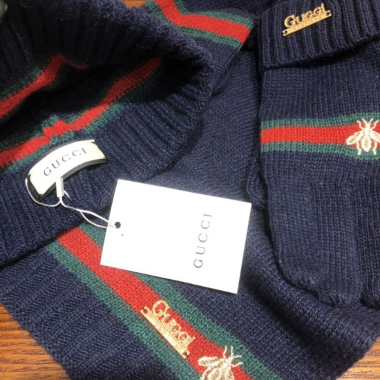 Replica Gucci Classic Cashmere Jacquard Scarf & Hat Dark Blue