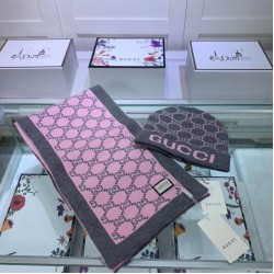 Fake Gucci Classic Cashmere Jacquard Scarf & Hat Pink /Gray Replica