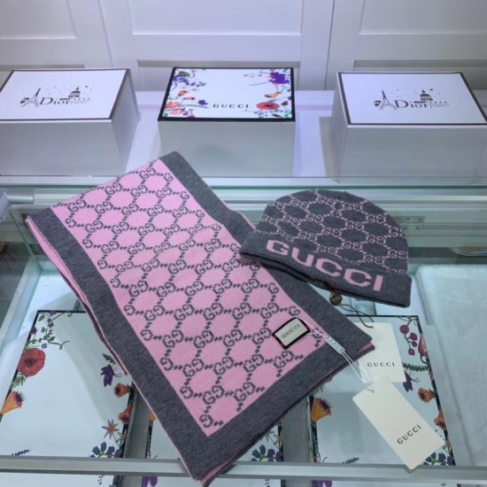 Fake Gucci Classic Cashmere Jacquard Scarf & Hat Pink /Gray Replica