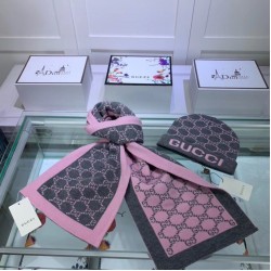 Fake Gucci Classic Cashmere Jacquard Scarf & Hat Pink /Gray Replica