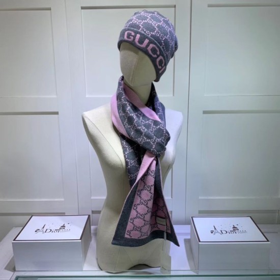 Fake Gucci Classic Cashmere Jacquard Scarf & Hat Pink /Gray Replica
