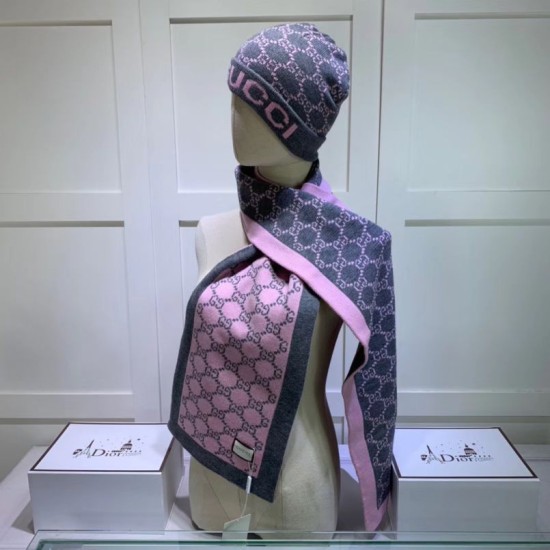 Fake Gucci Classic Cashmere Jacquard Scarf & Hat Pink /Gray Replica