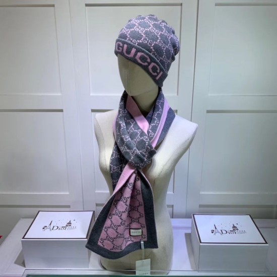 Fake Gucci Classic Cashmere Jacquard Scarf & Hat Pink /Gray Replica