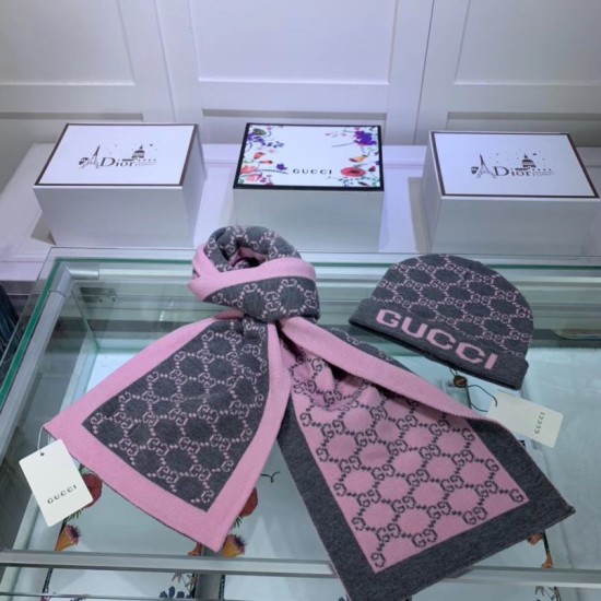 Fake Gucci Classic Cashmere Jacquard Scarf & Hat Pink /Gray Replica