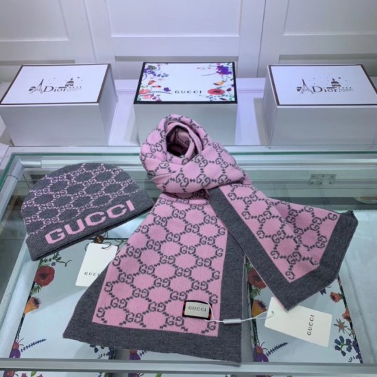 Fake Gucci Classic Cashmere Jacquard Scarf & Hat Pink /Gray Replica