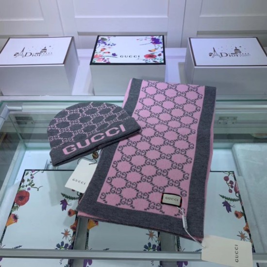 Fake Gucci Classic Cashmere Jacquard Scarf & Hat Pink /Gray Replica
