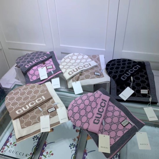 Fake Gucci Classic Cashmere Jacquard Scarf & Hat Pink /Gray Replica