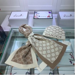 Replica Gucci Classic Cashmere Jacquard Scarf & Hat Brow /White