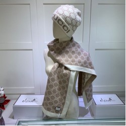Fake Gucci Classic Cashmere Jacquard Scarf & Hat Brow /White Replica Replica Gucci Classic Cashmere Jacquard Scarf & Hat Brow /White