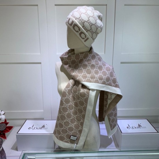 Replica Gucci Classic Cashmere Jacquard Scarf & Hat Brow /White