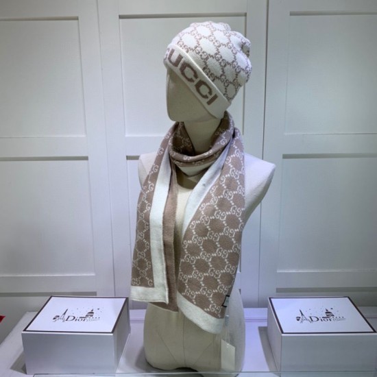 Replica Gucci Classic Cashmere Jacquard Scarf & Hat Brow /White