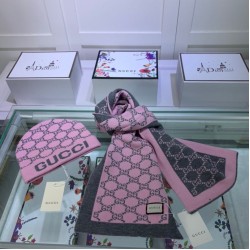 Replica Gucci Classic Cashmere Jacquard Scarf & Hat Pink / Dark Gray