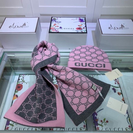 Replica Gucci Classic Cashmere Jacquard Scarf & Hat Pink / Dark Gray
