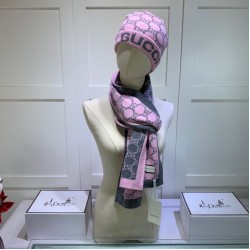 Replica Gucci Classic Cashmere Jacquard Scarf & Hat Pink / Dark Gray