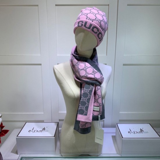 Replica Gucci Classic Cashmere Jacquard Scarf & Hat Pink / Dark Gray