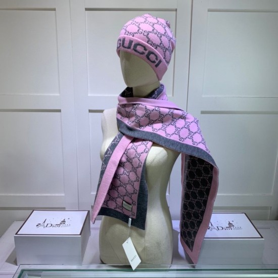 Replica Gucci Classic Cashmere Jacquard Scarf & Hat Pink / Dark Gray
