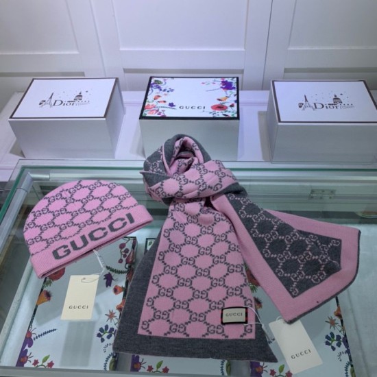 Replica Gucci Classic Cashmere Jacquard Scarf & Hat Pink / Dark Gray