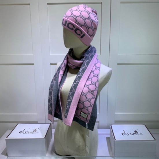 Replica Gucci Classic Cashmere Jacquard Scarf & Hat Pink / Dark Gray