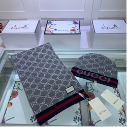 Replica Gucci Classic Cashmere Jacquard Scarf & Hat Gray