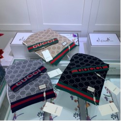 Fake Gucci Classic Cashmere Jacquard Scarf & Hat Gray Replica Replica Gucci Classic Cashmere Jacquard Scarf & Hat Gray