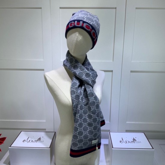 Replica Gucci Classic Cashmere Jacquard Scarf & Hat Gray