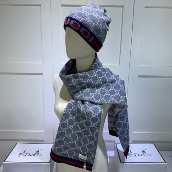 Replica Gucci Classic Cashmere Jacquard Scarf & Hat Gray