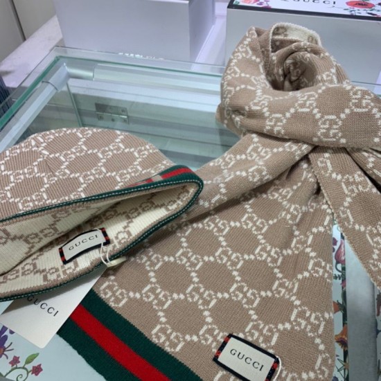 Fake Gucci Classic Cashmere Jacquard Scarf & Hat Brown / Red Replica