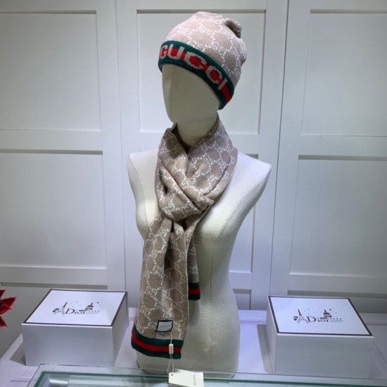 Fake Gucci Classic Cashmere Jacquard Scarf & Hat Brown / Red Replica
