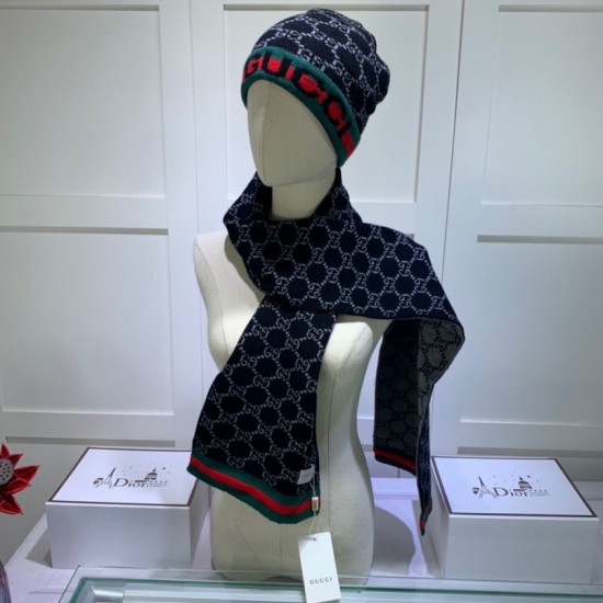 Replica Gucci Classic Cashmere Jacquard Scarf & Hat Black