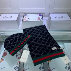 Replica Gucci Classic Cashmere Jacquard Scarf & Hat Black