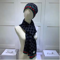 Replica Gucci Classic Cashmere Jacquard Scarf & Hat Black