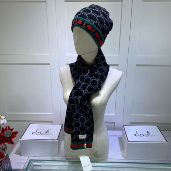 Replica Gucci Classic Cashmere Jacquard Scarf & Hat Black