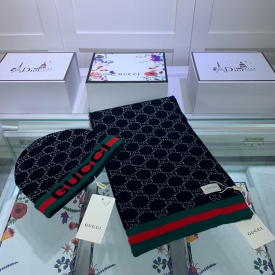 Replica Gucci Classic Cashmere Jacquard Scarf & Hat Black