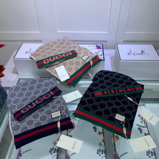 Replica Gucci Classic Cashmere Jacquard Scarf & Hat Black