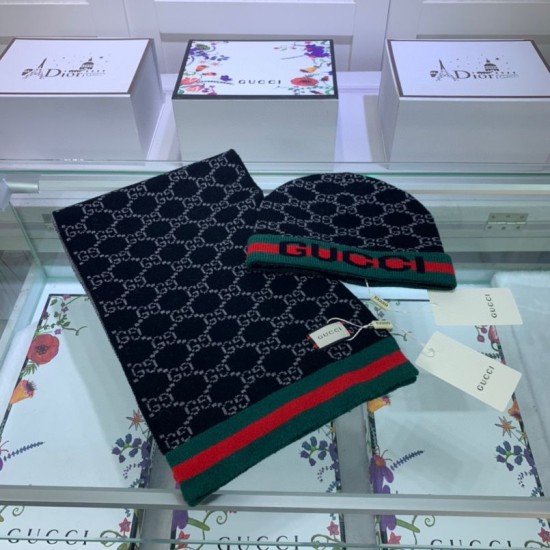 Replica Gucci Classic Cashmere Jacquard Scarf & Hat Black