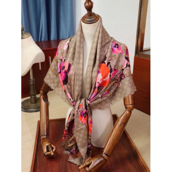Fake Gucci classic double G letter Logo Scarf with floral elements Rose Replica