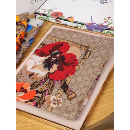 Replica Gucci classic double G letter Logo Scarf with floral elements Red