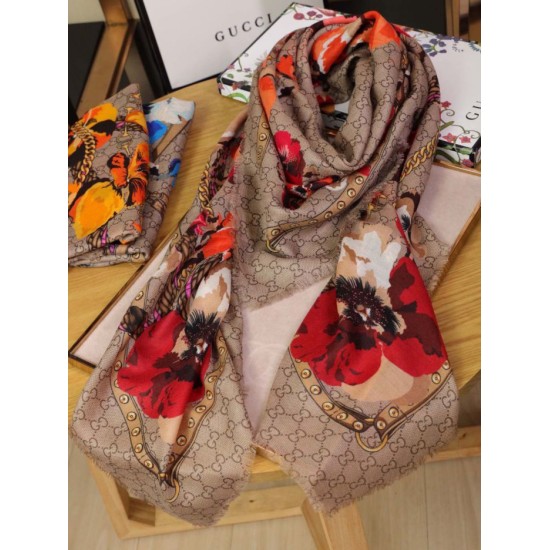 Replica Gucci classic double G letter Logo Scarf with floral elements Red