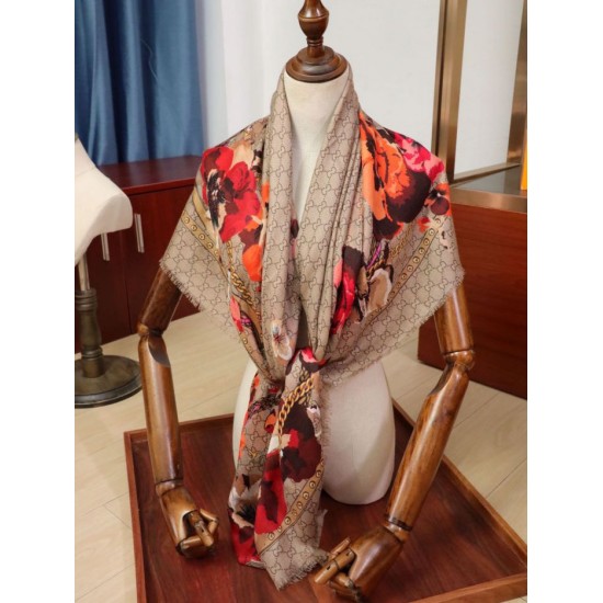 Replica Gucci classic double G letter Logo Scarf with floral elements Red