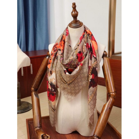 Replica Gucci classic double G letter Logo Scarf with floral elements Red