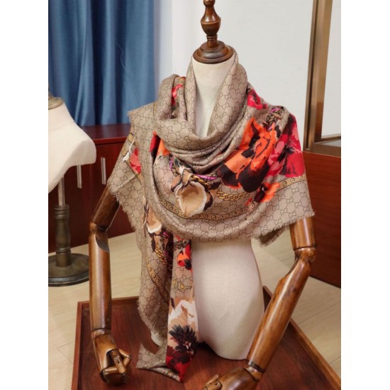 Replica Gucci classic double G letter Logo Scarf with floral elements Red
