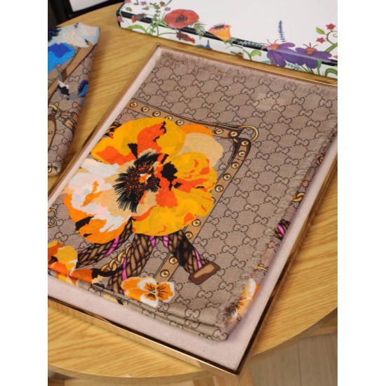 Replica Gucci classic double G letter Logo Scarf with floral elements Orange