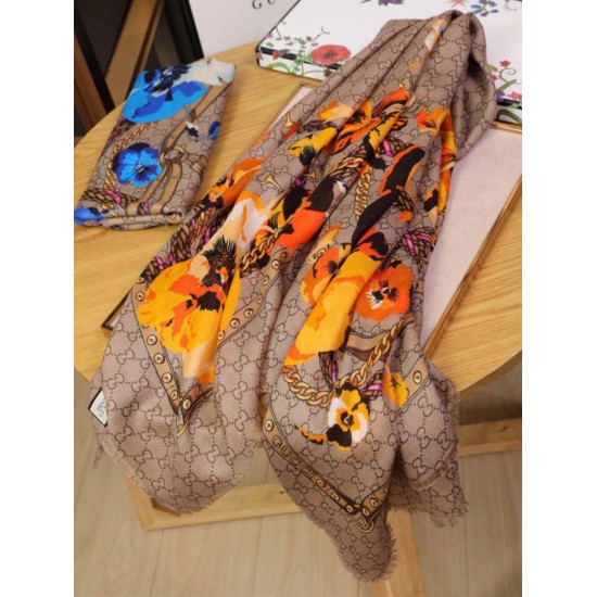 Replica Gucci classic double G letter Logo Scarf with floral elements Orange
