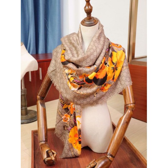 Replica Gucci classic double G letter Logo Scarf with floral elements Orange
