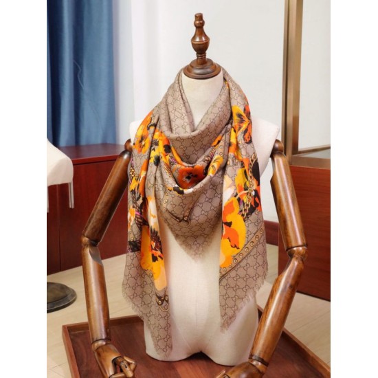 Replica Gucci classic double G letter Logo Scarf with floral elements Orange